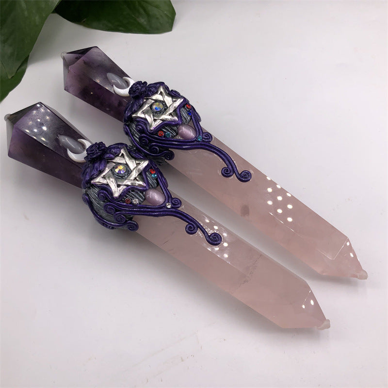 Olivenorma bacchette di cristallo magiche con scettro in quarzo rosa e ametista naturale