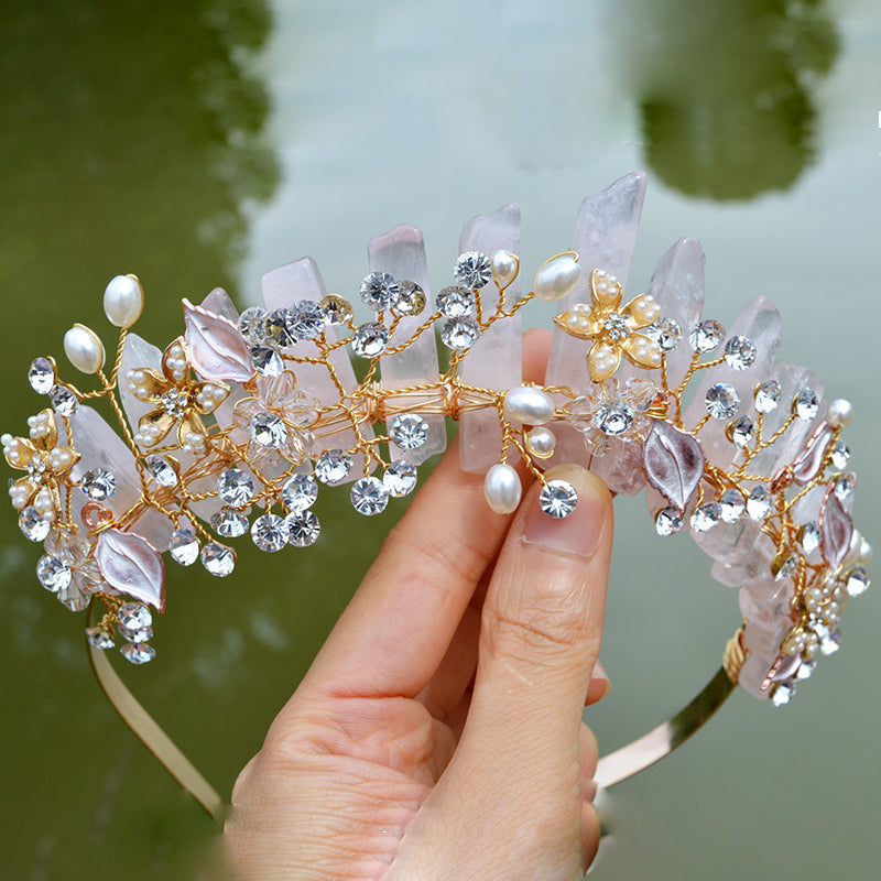Olivenorma Fascia per capelli con fiori fatti a mano Corona di cristalli naturali
