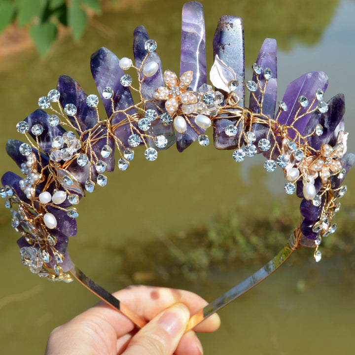 Olivenorma Fascia per capelli con fiori fatti a mano Corona di cristalli naturali