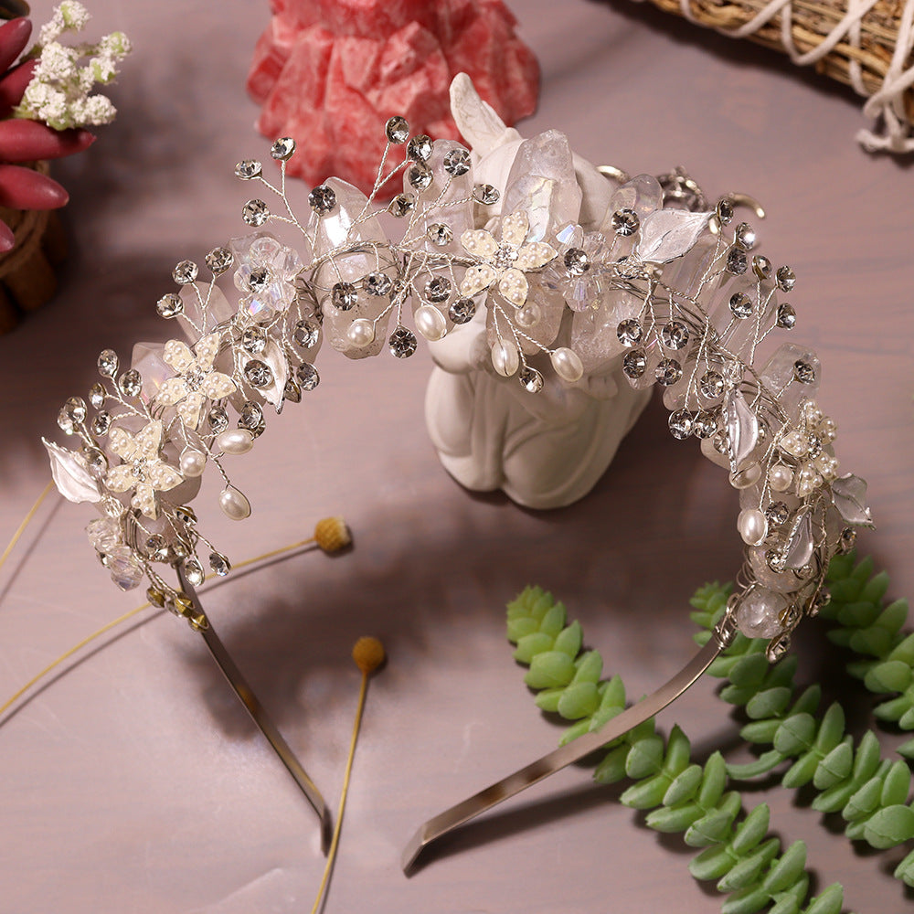 Olivenorma Fascia per capelli con fiori fatti a mano Corona di cristalli naturali