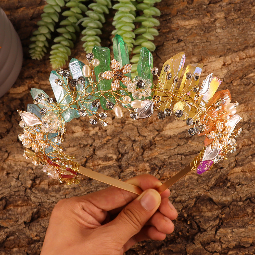 Olivenorma Fascia per capelli con fiori fatti a mano Corona di cristalli naturali