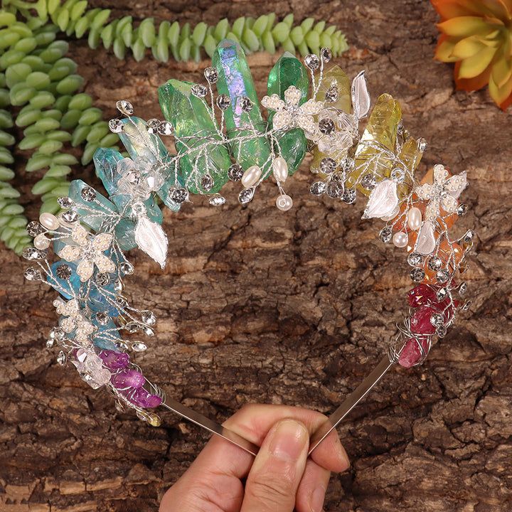 Olivenorma Fascia per capelli con fiori fatti a mano Corona di cristalli naturali