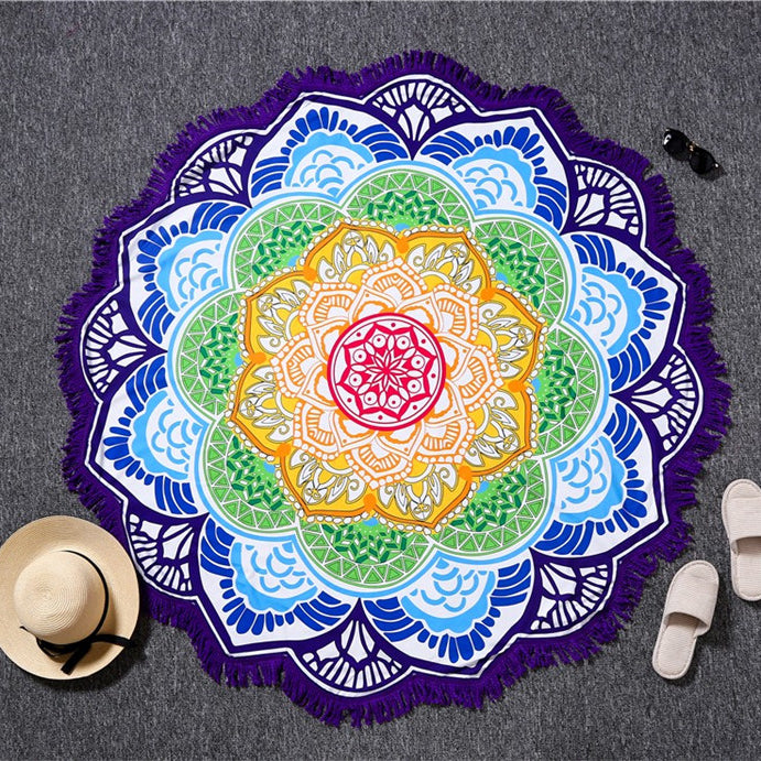 Tappetino da yoga per coperta rotonda con nappe con stampa poligonale Olivenorma