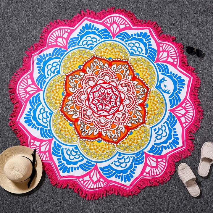 Tappetino da yoga per coperta rotonda con nappe con stampa poligonale Olivenorma