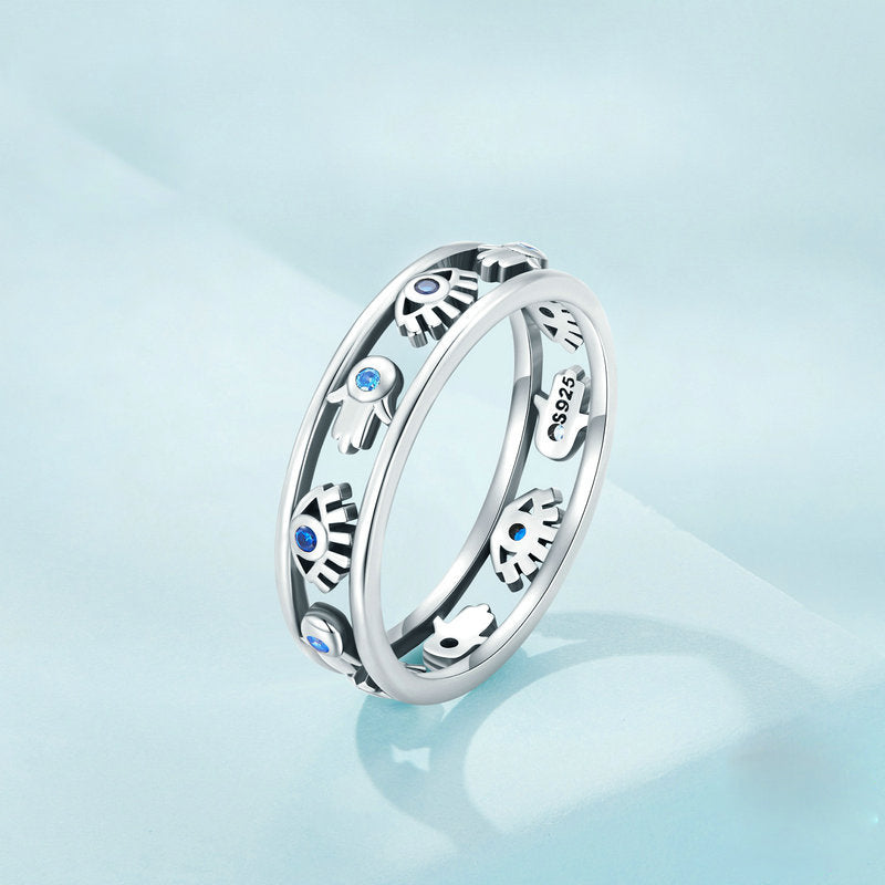 Anello Hamsa con occhio maligno in argento Sterling S925 di Olivenorma