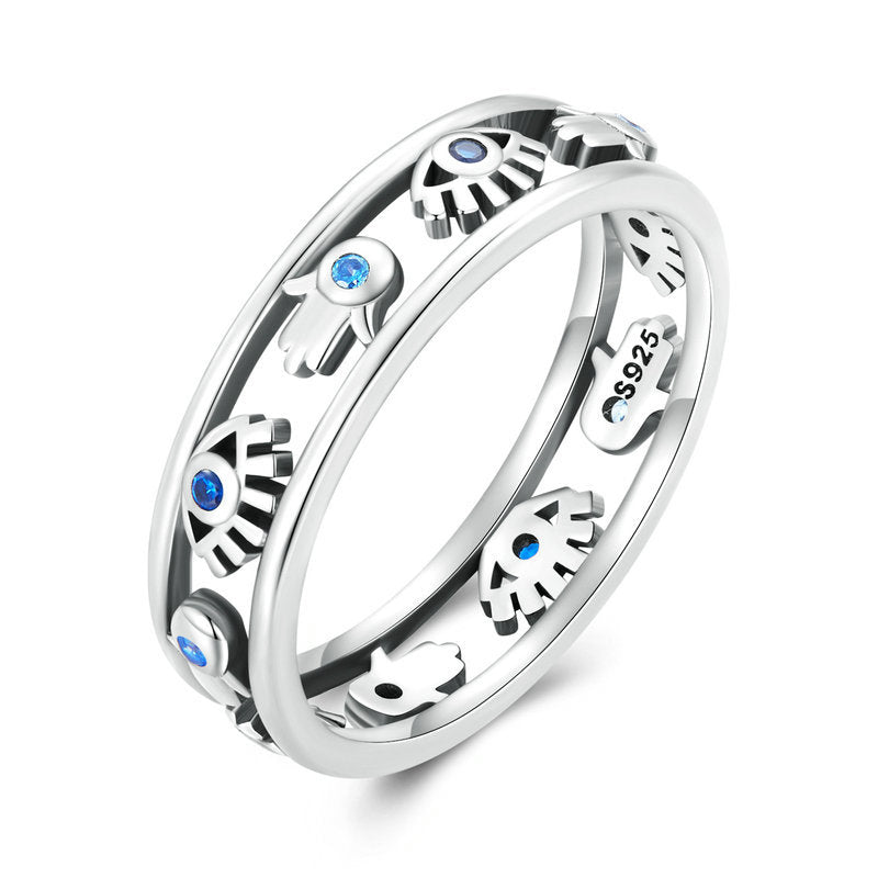Anello Hamsa con occhio maligno in argento Sterling S925 di Olivenorma