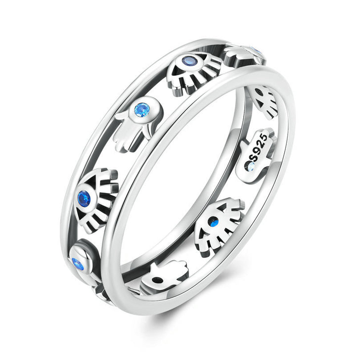Anello Hamsa con occhio maligno in argento Sterling S925 di Olivenorma