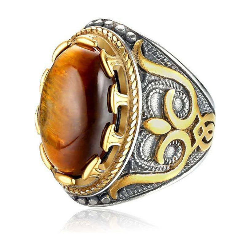 Anello ovale con occhio di tigre da uomo vintage alla moda Olivenorma