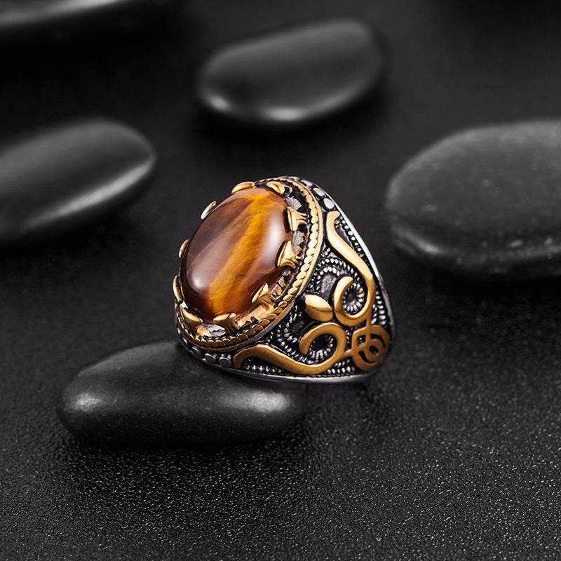Anello ovale con occhio di tigre da uomo vintage alla moda Olivenorma