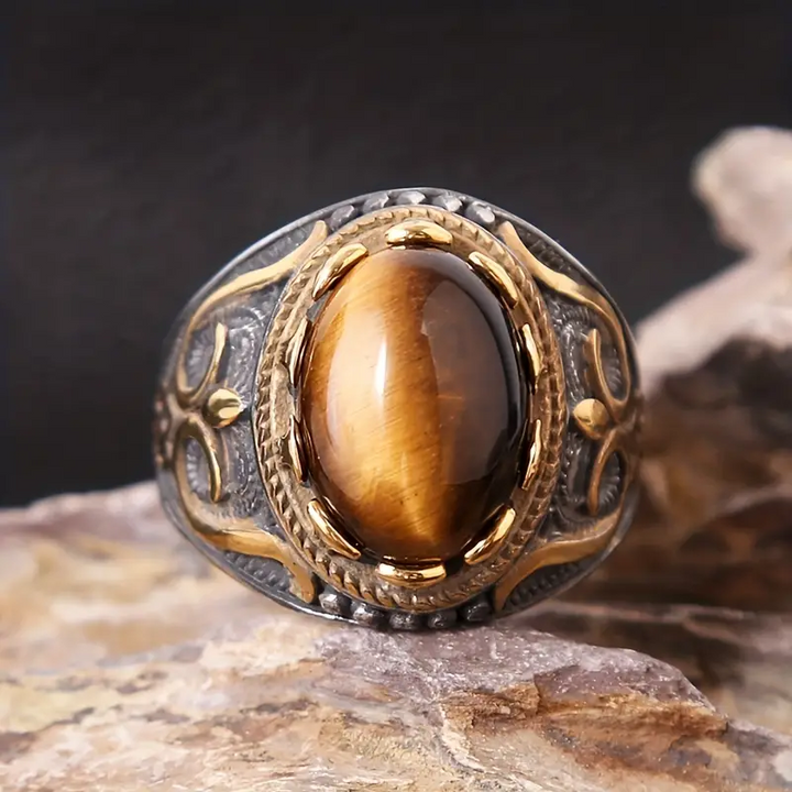 Anello ovale con occhio di tigre da uomo vintage alla moda Olivenorma