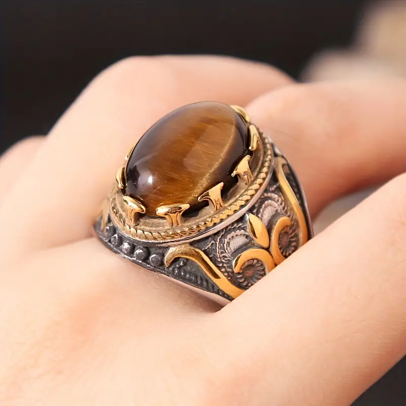Anello ovale con occhio di tigre da uomo vintage alla moda Olivenorma