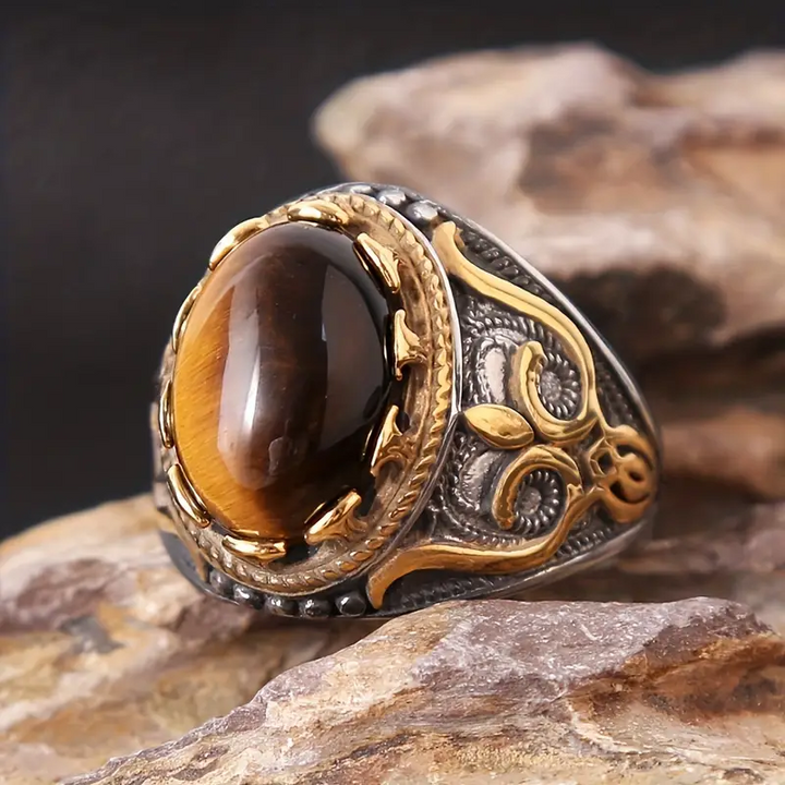 Anello ovale con occhio di tigre da uomo vintage alla moda Olivenorma