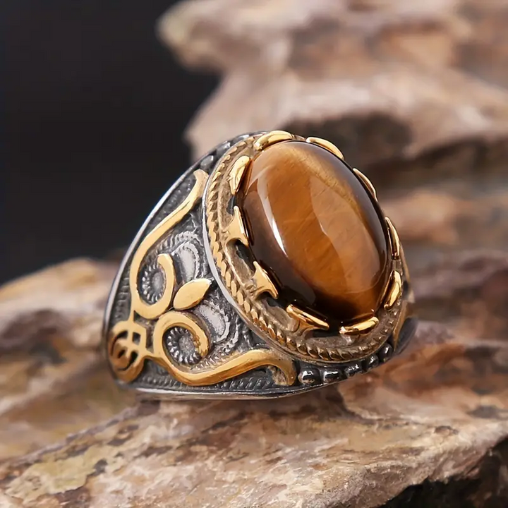 Anello ovale con occhio di tigre da uomo vintage alla moda Olivenorma