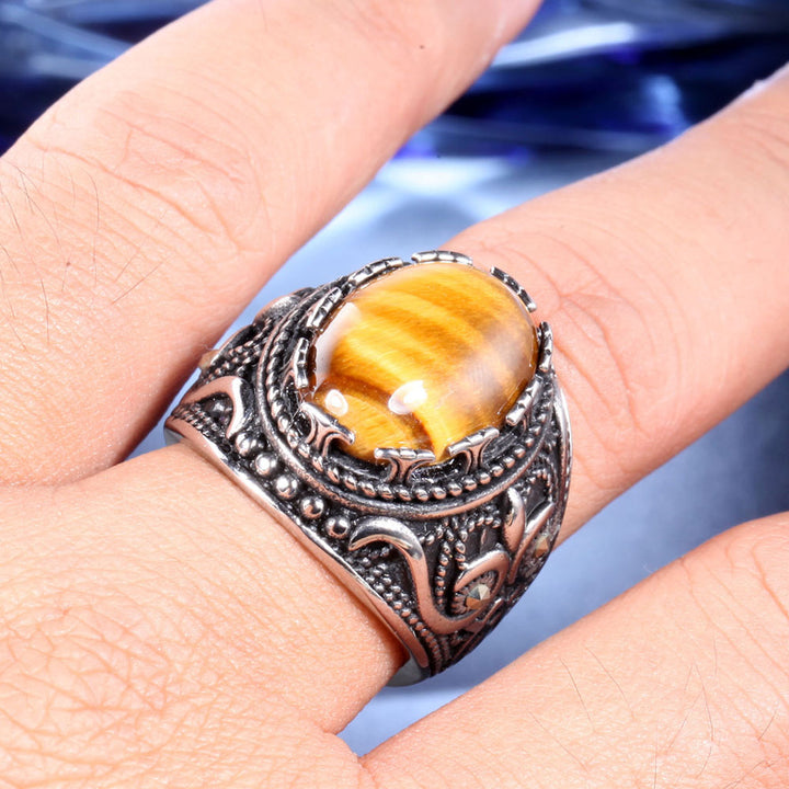 Anello ovale con occhio di tigre da uomo vintage alla moda Olivenorma