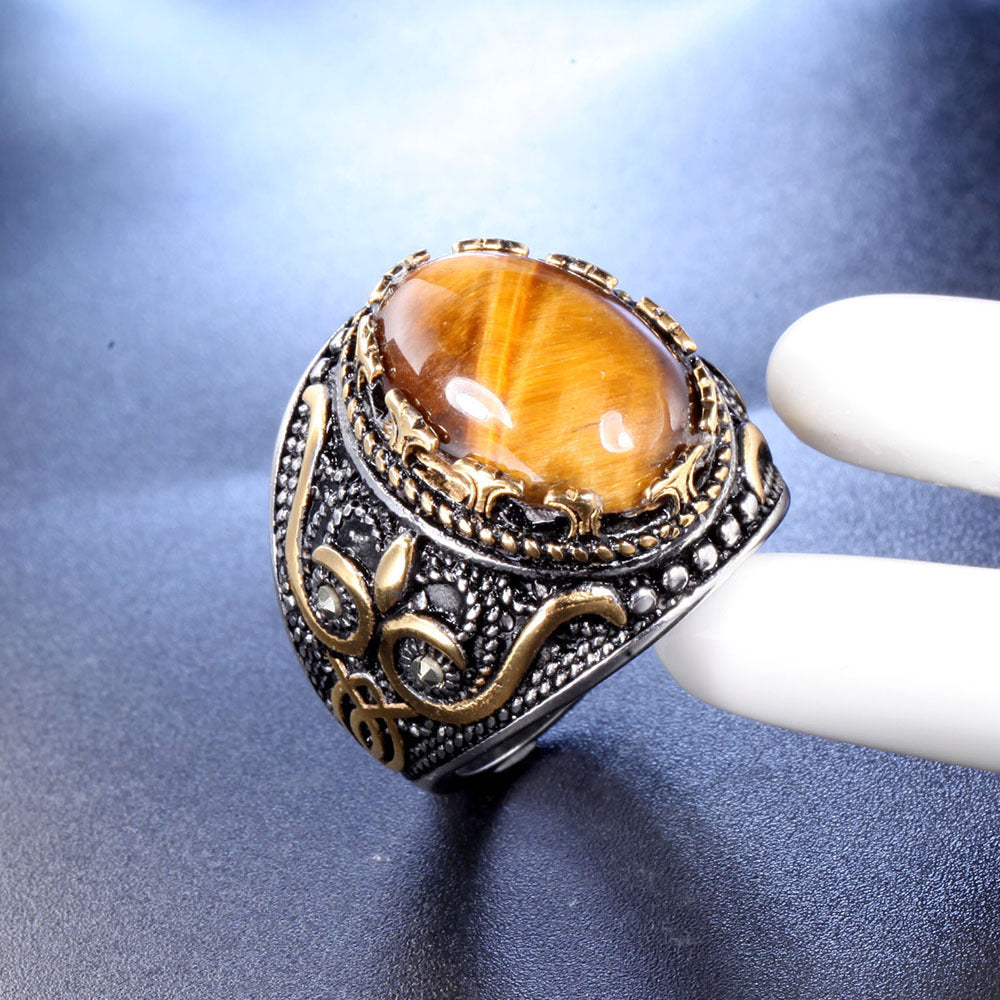 Anello ovale con occhio di tigre da uomo vintage alla moda Olivenorma