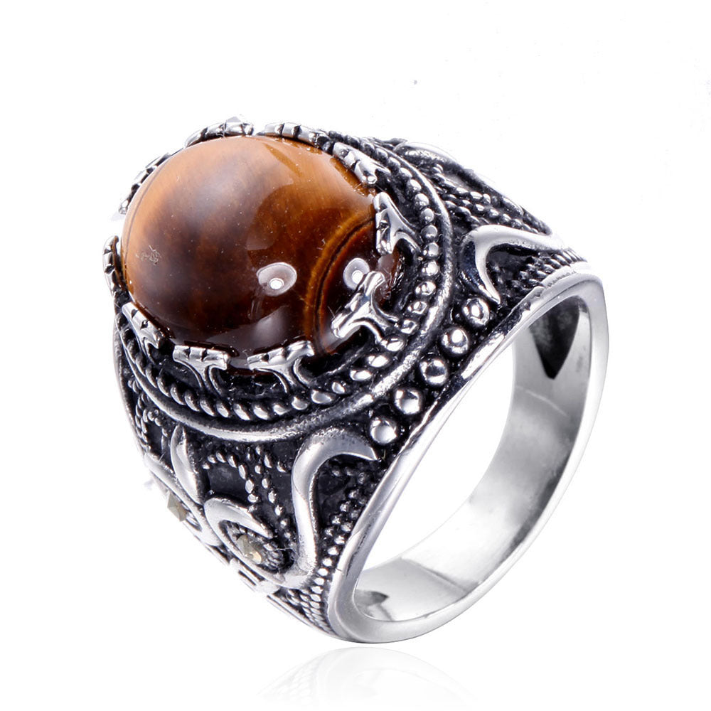 Anello ovale con occhio di tigre da uomo vintage alla moda Olivenorma