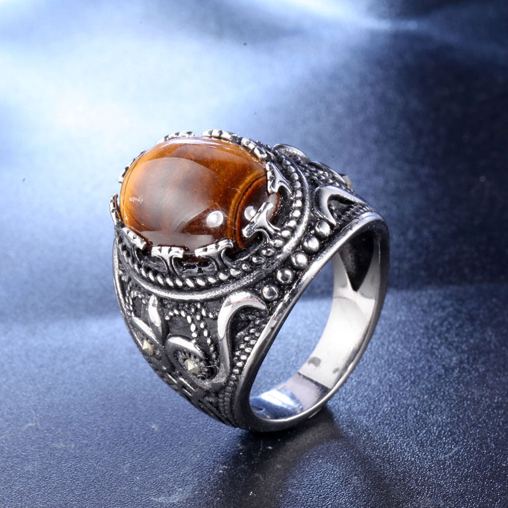 Anello ovale con occhio di tigre da uomo vintage alla moda Olivenorma