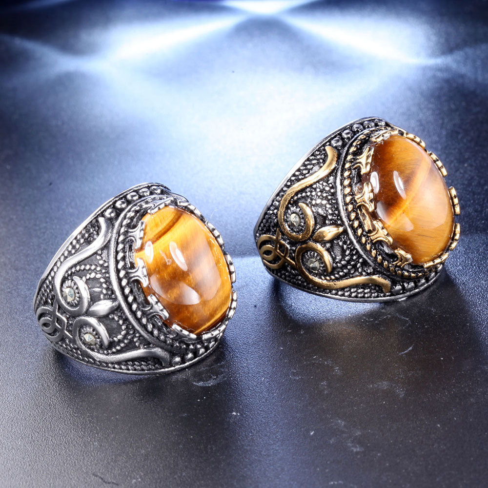 Anello ovale con occhio di tigre da uomo vintage alla moda Olivenorma