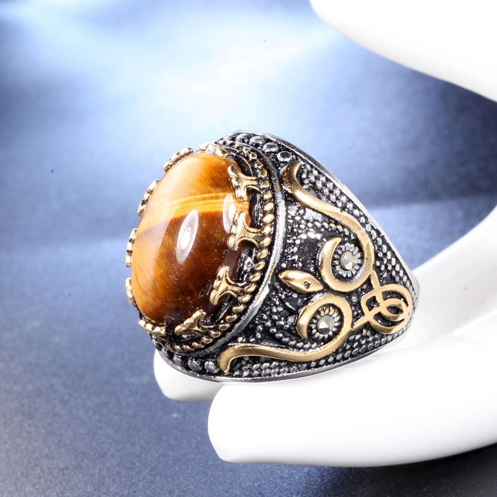 Anello ovale con occhio di tigre da uomo vintage alla moda Olivenorma