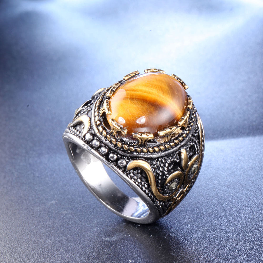 Anello ovale con occhio di tigre da uomo vintage alla moda Olivenorma