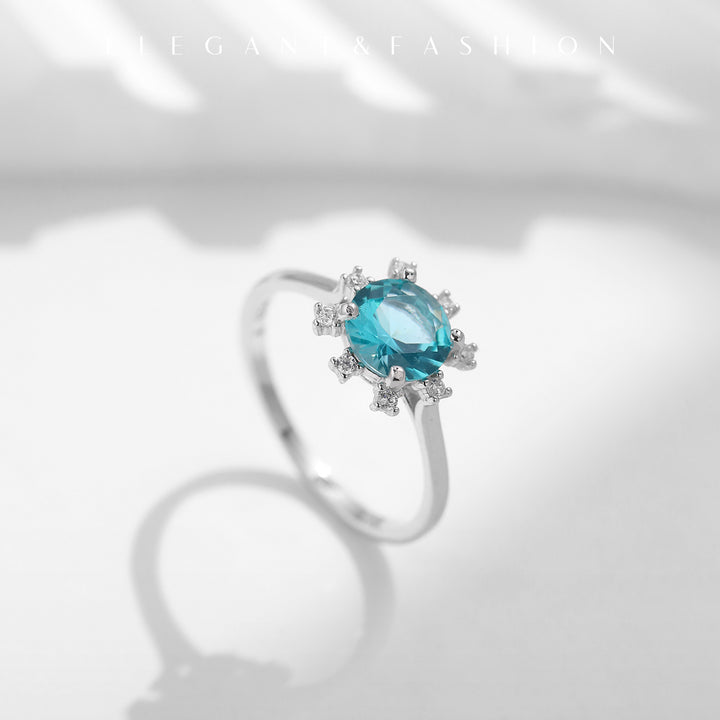 Anello girasole in argento sterling S925 con tormalina Paraiba Olivenorma - Girasole - Taglia UK S (US 9) - image 1