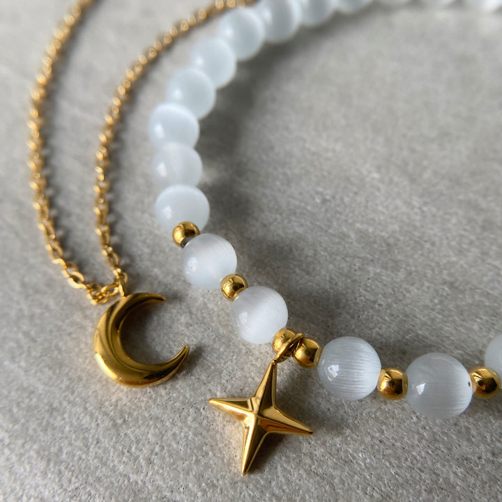 Bracciale Olivenorma con pietra occhio di gatto, luna e stella