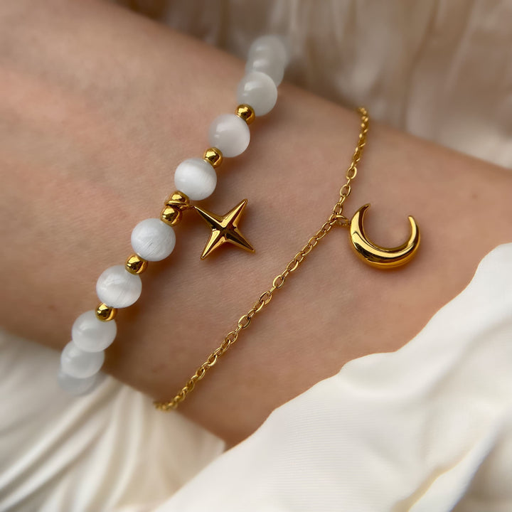 Bracciale Olivenorma con pietra occhio di gatto, luna e stella