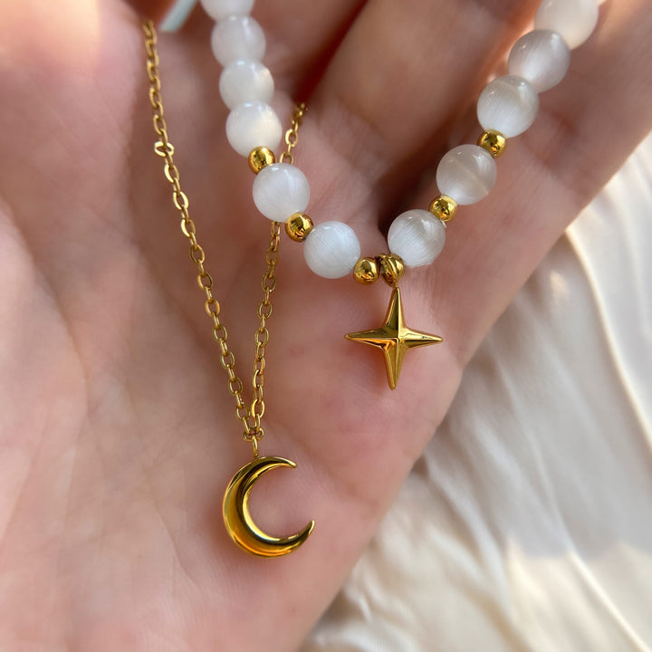 Bracciale Olivenorma con pietra occhio di gatto, luna e stella