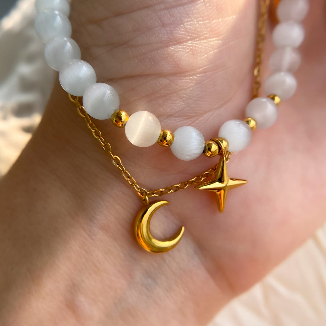 Bracciale Olivenorma con pietra occhio di gatto, luna e stella