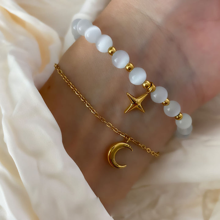 Bracciale Olivenorma con pietra occhio di gatto, luna e stella