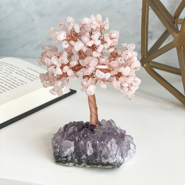 Olivenorma Albero della vita Quarzo rosa con base in ametista Albero Feng Shui 