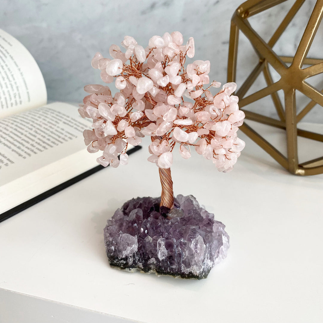 Olivenorma Albero della vita Quarzo rosa con base in ametista Albero Feng Shui 