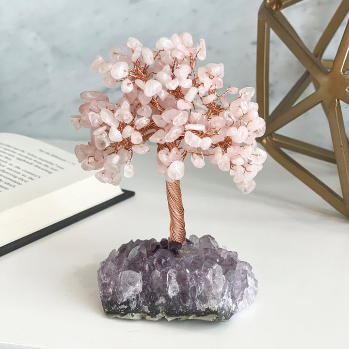 Olivenorma Albero della vita Quarzo rosa con base in ametista Albero Feng Shui 