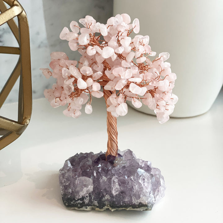 Olivenorma Albero della vita Quarzo rosa con base in ametista Albero Feng Shui 