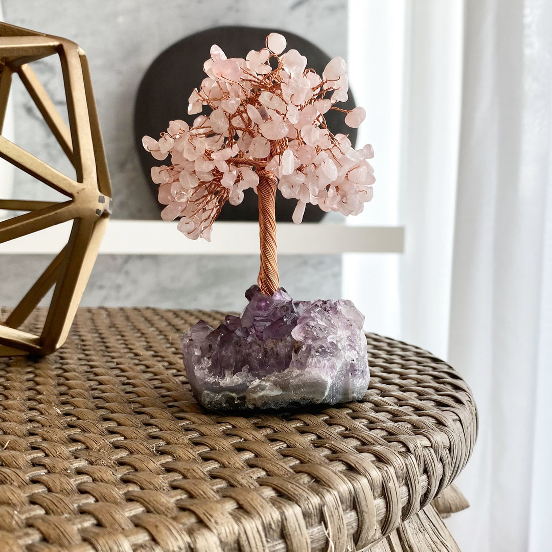 Olivenorma Albero della vita Quarzo rosa con base in ametista Albero Feng Shui 