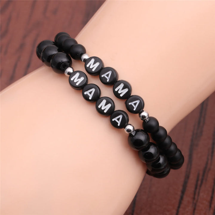 Bracciale Olivenorma "MOM" con perline di onice nero, turchese bianco e ossidiana 