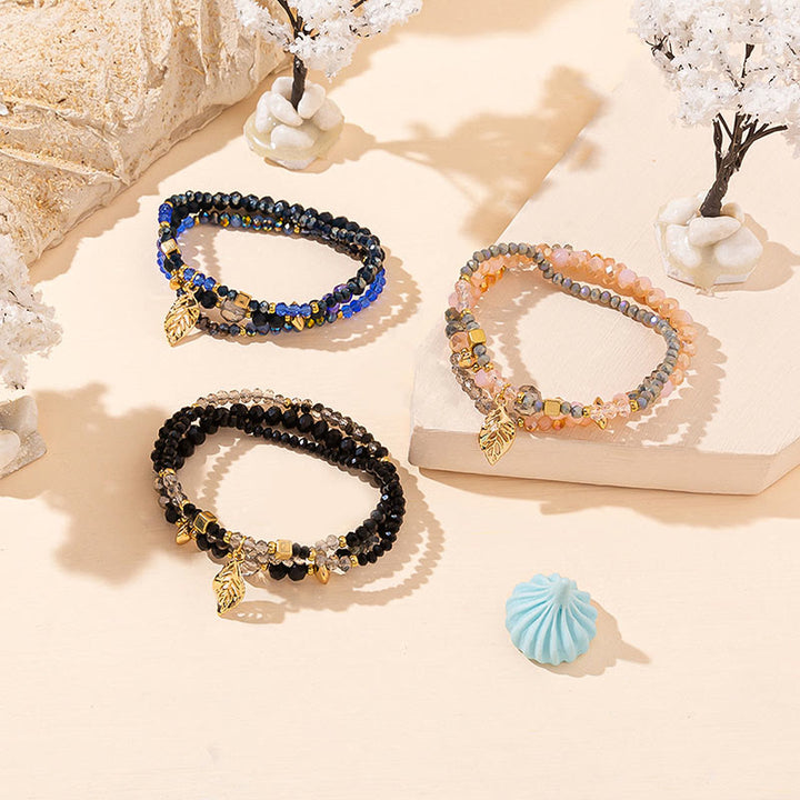 Olivenorma - Set di bracciali a tre strati con ciondolo in foglia d'oro con perline di cristallo 