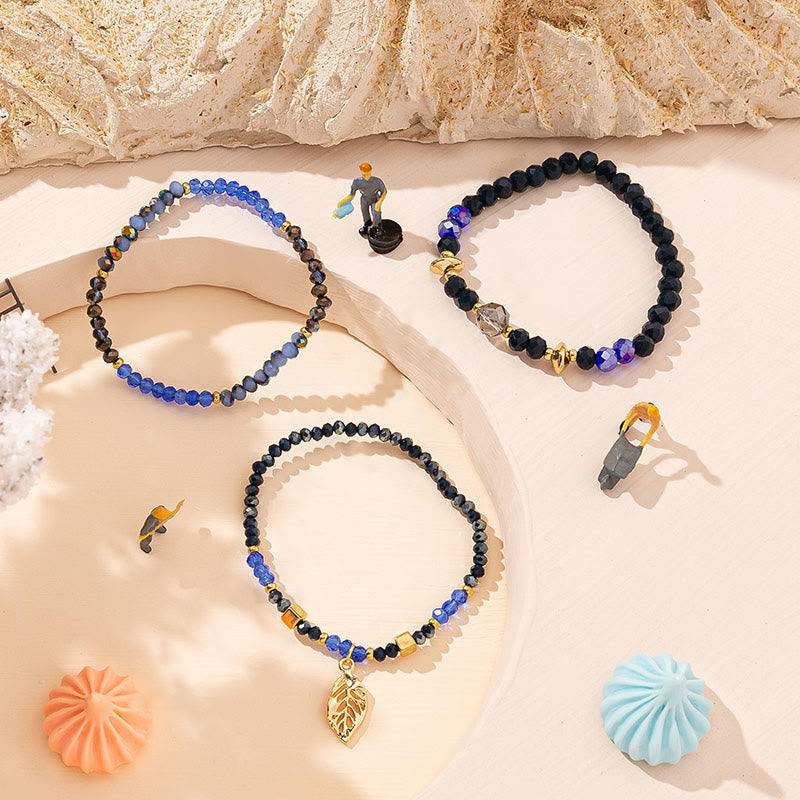 Olivenorma - Set di bracciali a tre strati con ciondolo in foglia d'oro con perline di cristallo 