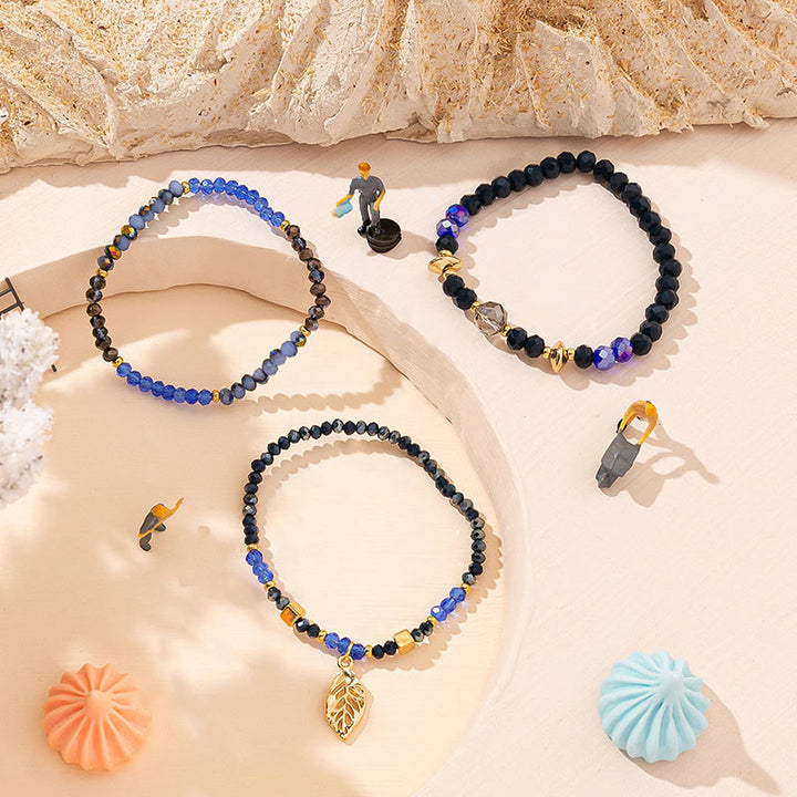 Olivenorma - Set di bracciali a tre strati con ciondolo in foglia d'oro con perline di cristallo 