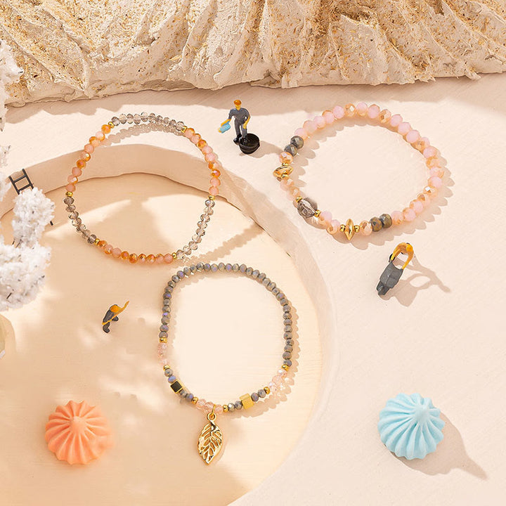 Olivenorma - Set di bracciali a tre strati con ciondolo in foglia d'oro con perline di cristallo 