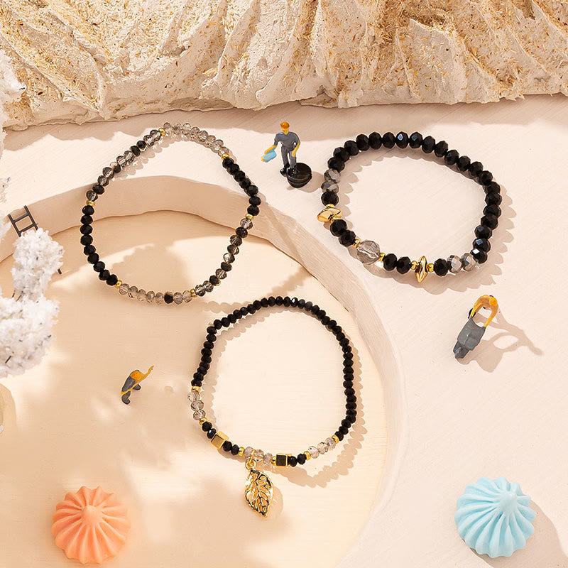 Olivenorma - Set di bracciali a tre strati con ciondolo in foglia d'oro con perline di cristallo 