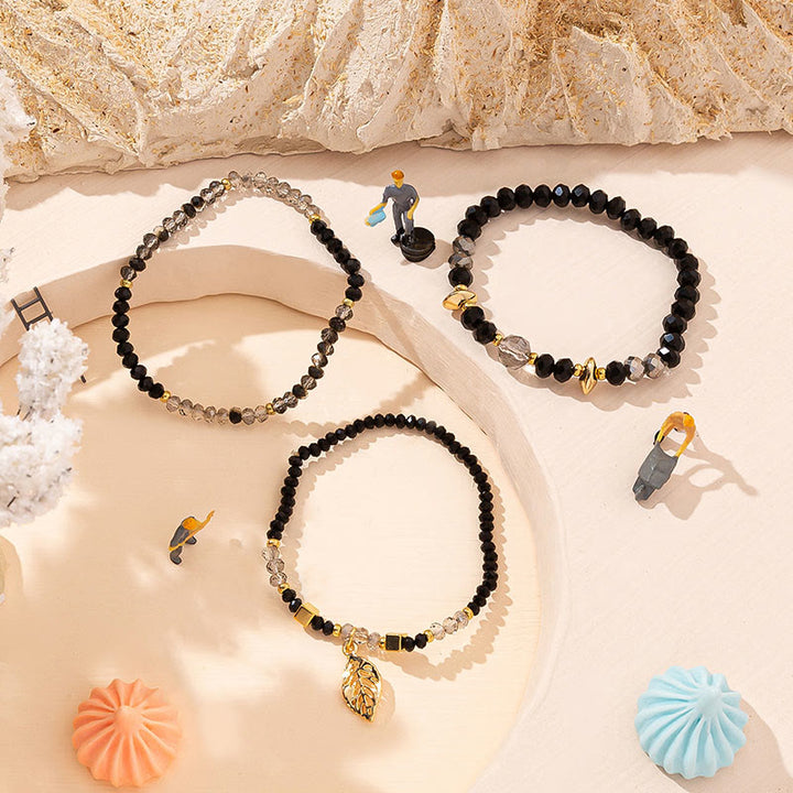 Olivenorma - Set di bracciali a tre strati con ciondolo in foglia d'oro con perline di cristallo 