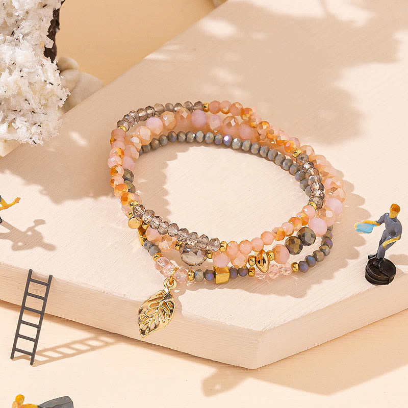 Olivenorma - Set di bracciali a tre strati con ciondolo in foglia d'oro con perline di cristallo 