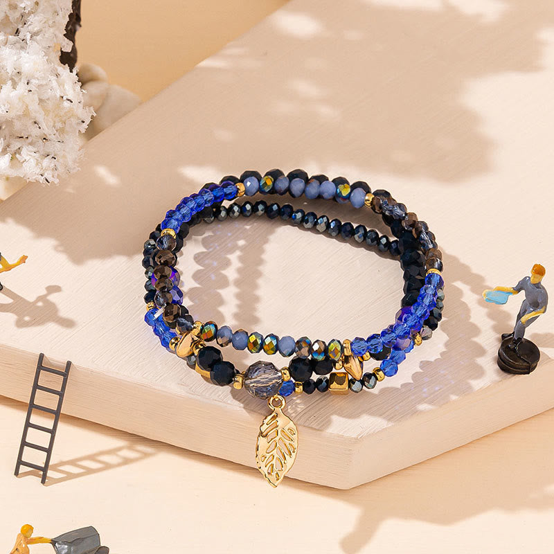 Olivenorma - Set di bracciali a tre strati con ciondolo in foglia d'oro con perline di cristallo 