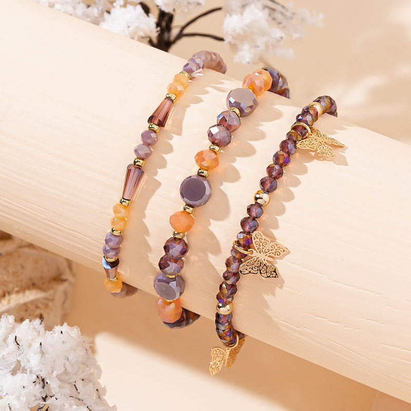 Olivenorma - Set di bracciali a tre strati con ciondolo a farfalla in oro con perline di cristallo