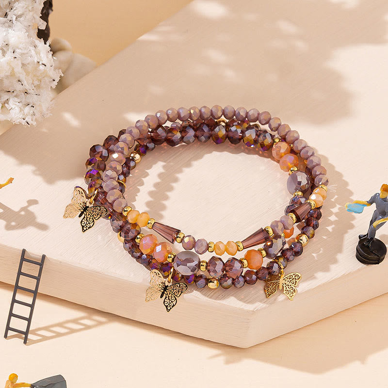 Olivenorma - Set di bracciali a tre strati con ciondolo a farfalla in oro con perline di cristallo