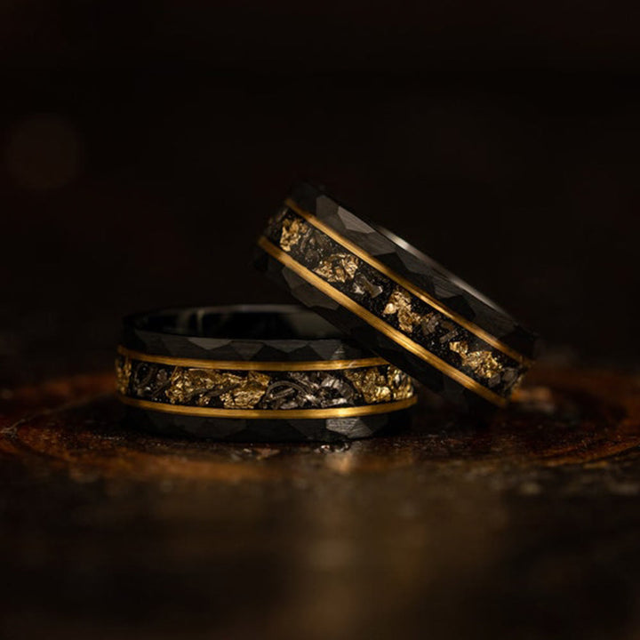 Anello in tungsteno meteorite nero foglia oro Olivenorma