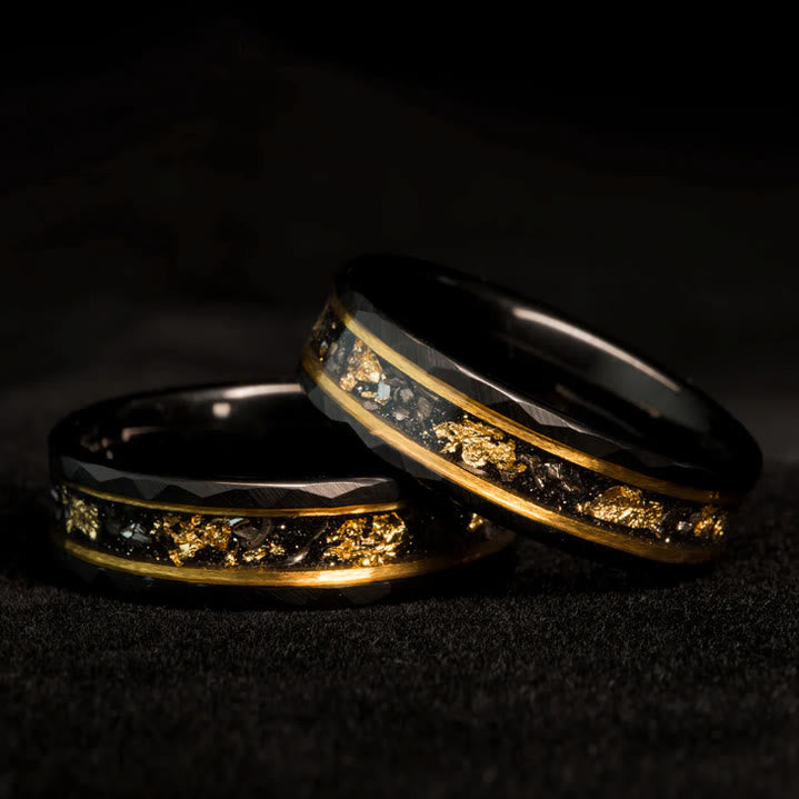 Anello in tungsteno meteorite nero foglia oro Olivenorma