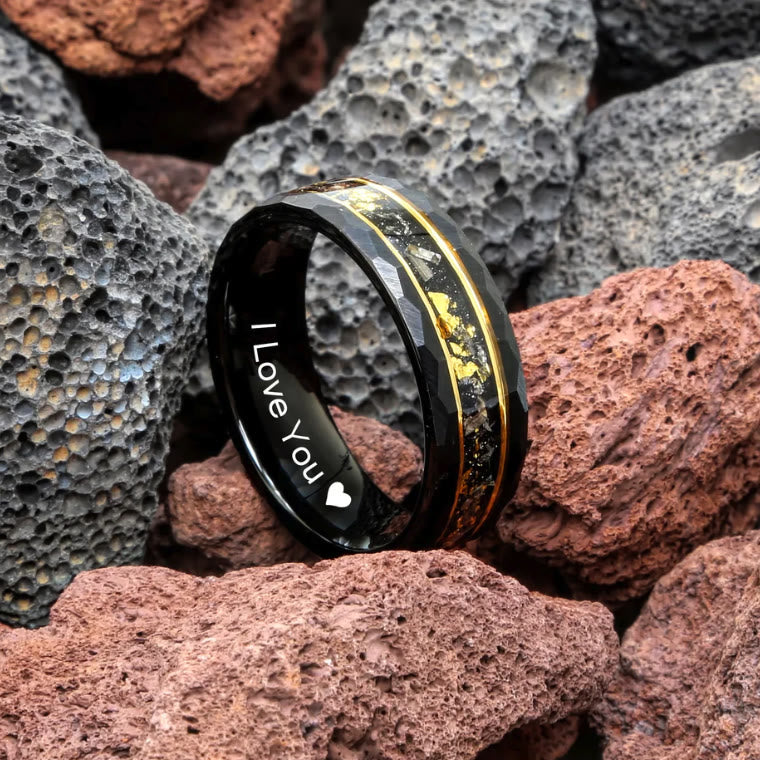 Anello in tungsteno meteorite nero foglia oro Olivenorma