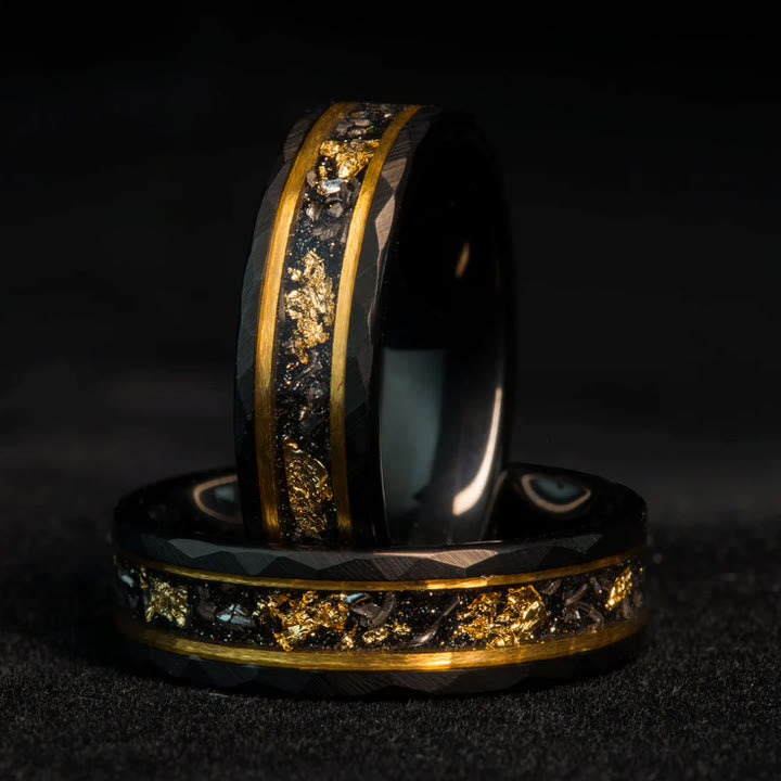 Anello in tungsteno meteorite nero foglia oro Olivenorma